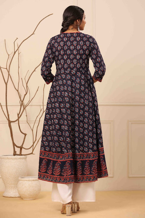 Women Navy Blue Ethnic Motifs Printed Anarkali Kurta